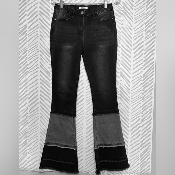 Moda Luxe Denim - (3x$25) Moda Luxe Women's Black Gray Patchwork Flare Wide Leg Fray Hem Jeans